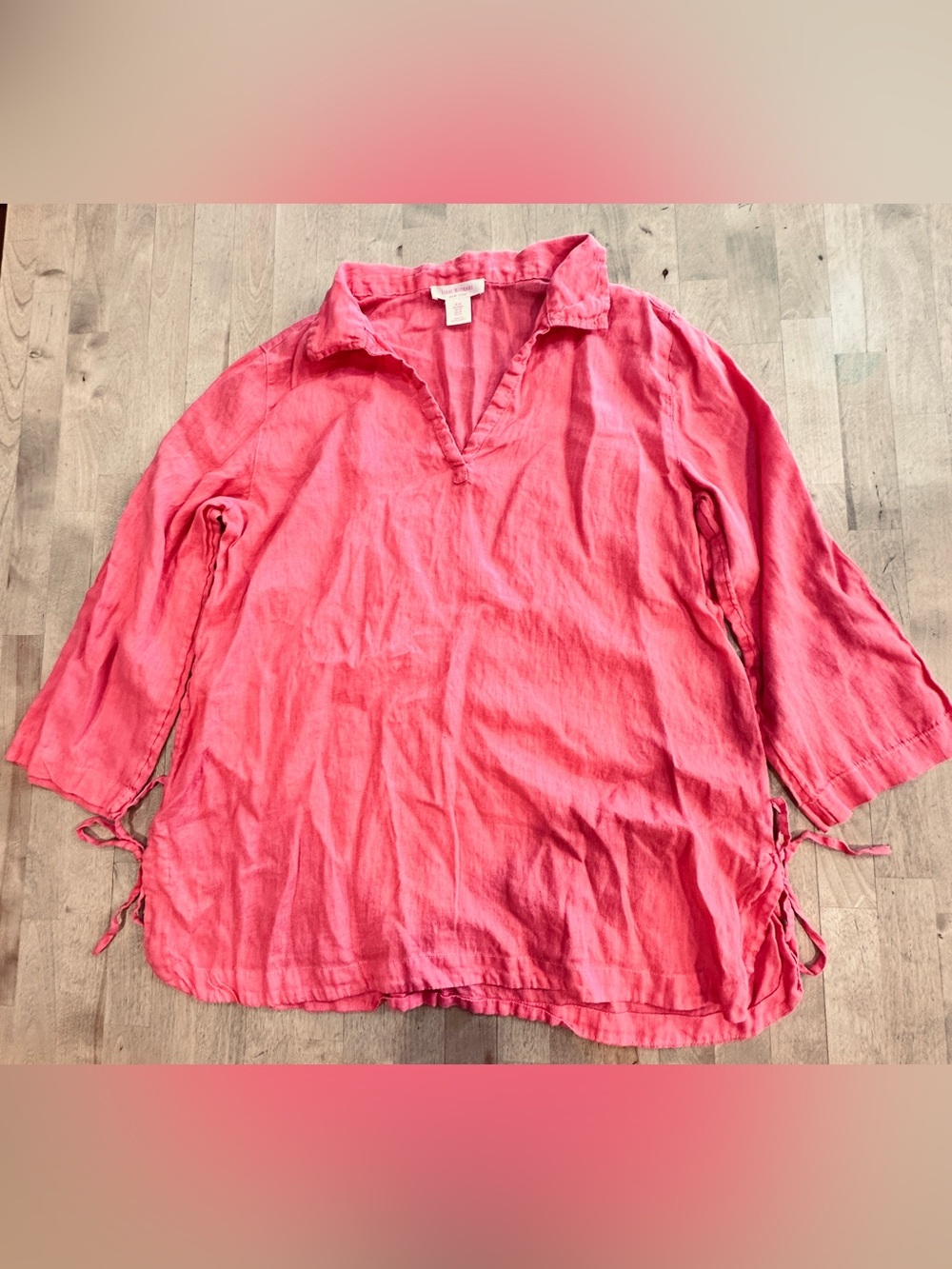 Isaac Mizrahi Coral Tie-Side V-Neck Pullover Tunic 100% Linen